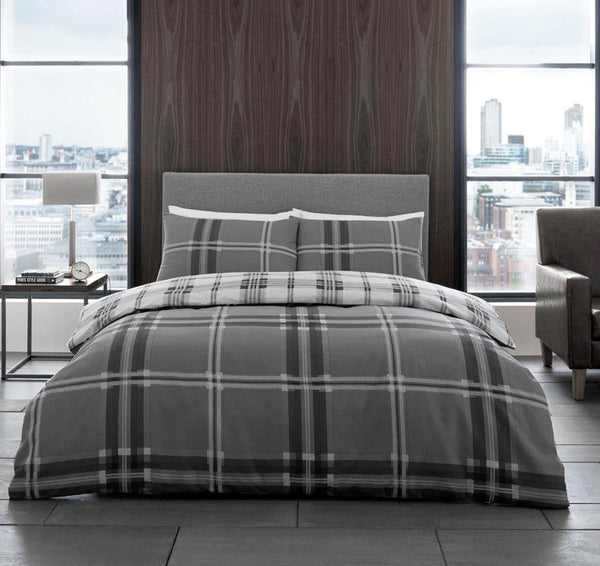 Grey check duvet set tartan quilt cover pillow cases contemporary living bedding