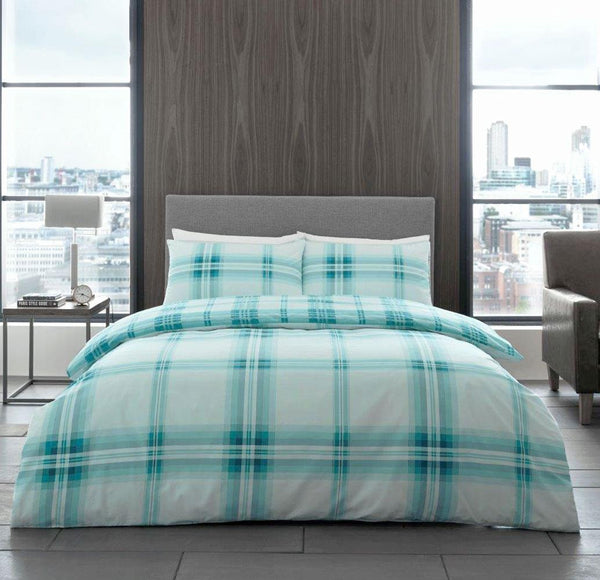Teal check duvet set tartan quilt cover pillow cases contemporary living bedding