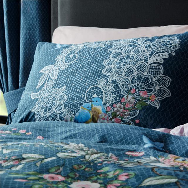 Duvet set navy blue love bird quilt cover & pillow cases bedding