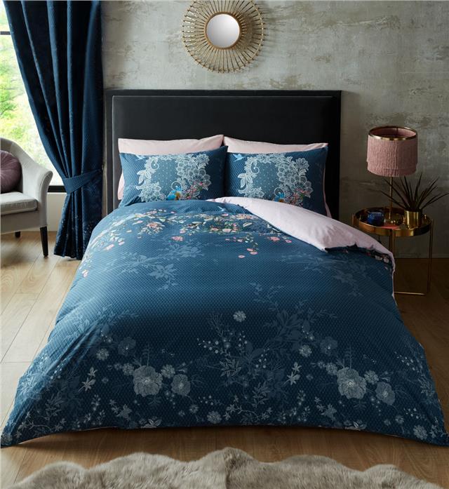 Duvet set navy blue love bird quilt cover & pillow cases bedding