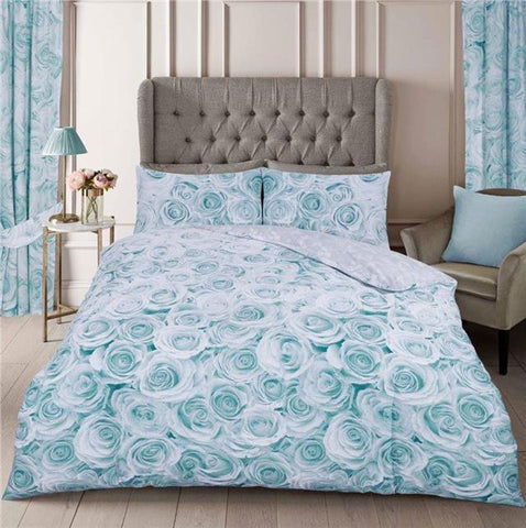 Duvet set roses duck egg blue quilt cover & pillow cases ombre bedding set