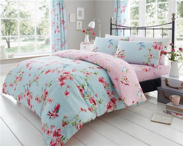 Duvet set blue birds pink blossom flowers duvet quilt cover & pillow cases