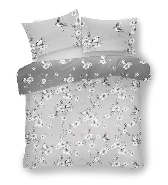 Grey duvet set blossom flowers birds & butterflies bedding quilt cover set