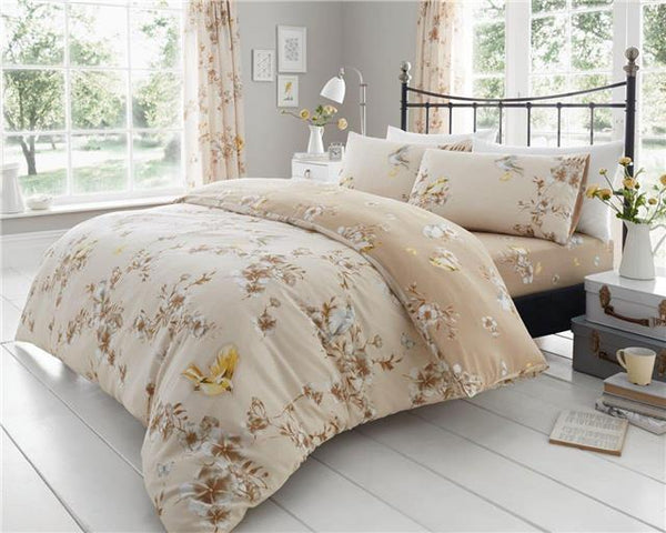 Duvet set blossom flowers birds natural beige & ochre bedding quilt cover set