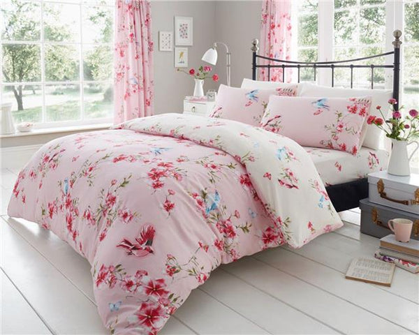 Pink bedding set blossom flowers blue birds duvet quilt cover & pillow cases