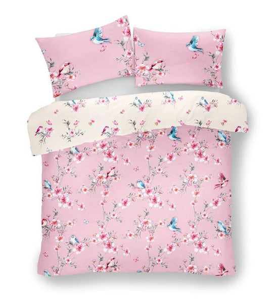 Pink bedding set blossom flowers blue birds duvet quilt cover & pillow cases