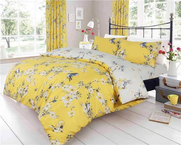 Duvet Set Ochre Yellow Flowers Birds Blossom Bedding Quilt Cover Pillow Cases