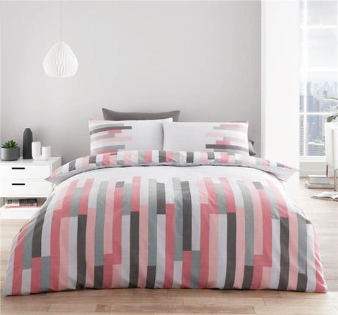 Duvet set grey & pink linear block stripe geometric bedding quilt cover