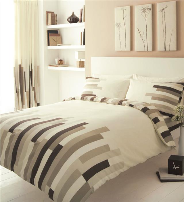 DOUBLE DUVET SET Cream & brown block striped double quilt cover bed set