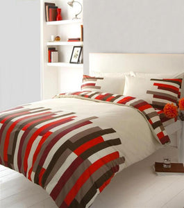 Duvet set quilt cover bedding geometric block print stripe red brown cream