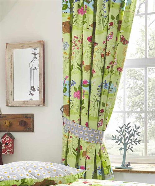 Curtains lined pair pencil pleat style green meadow flowers & hedgehogs