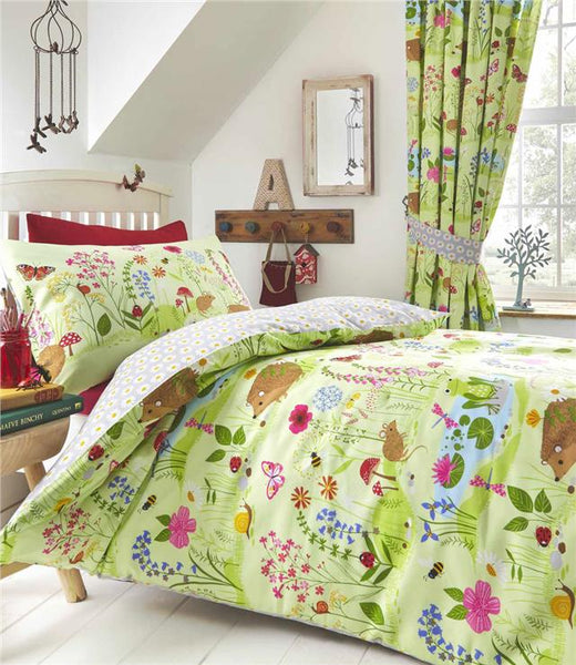 Curtains lined pair pencil pleat style green meadow flowers & hedgehogs