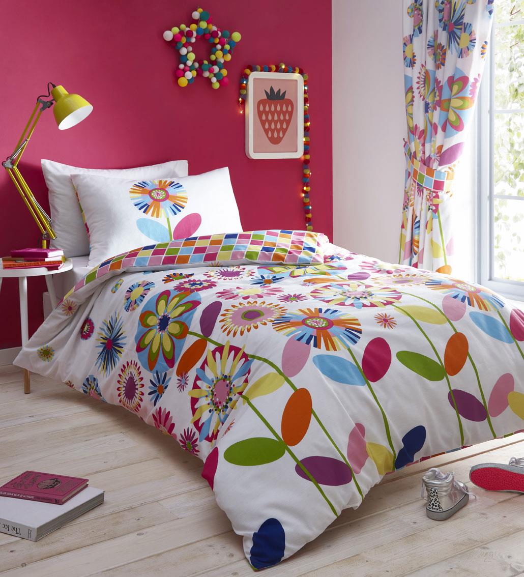 Girls duvet set rainbow coloured flowers quilt cover matching curtains option