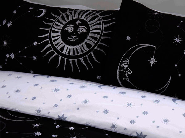 Black Duvet Cover Set Silver Grey Celestial Sun Moon Stars Night Sky Bedding