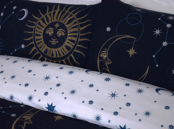 Sun Moon Stars Duvet Set Celestial Luna Sky Bedding Dark Navy Quilt Cover