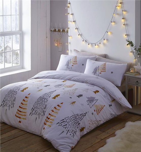 Christmas tree duvet set grey white & ochre xmas bedding quilt cover
