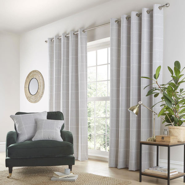Grey check curtains modern eyelet ring top contemporary pair lined window door