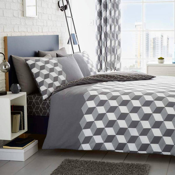 Grey duvet set geometric 3D cube quilt cover pillow cases bedding