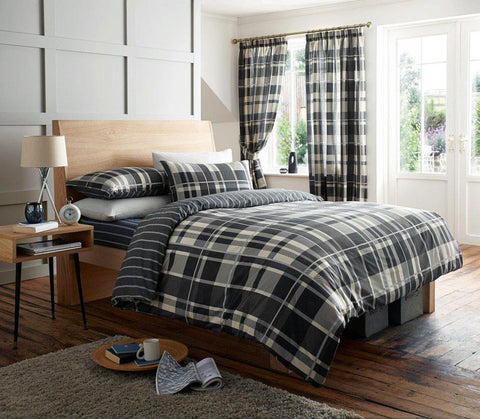 SINGLE duvet set grey black tartan check quilt cover bedding CLEARANCE