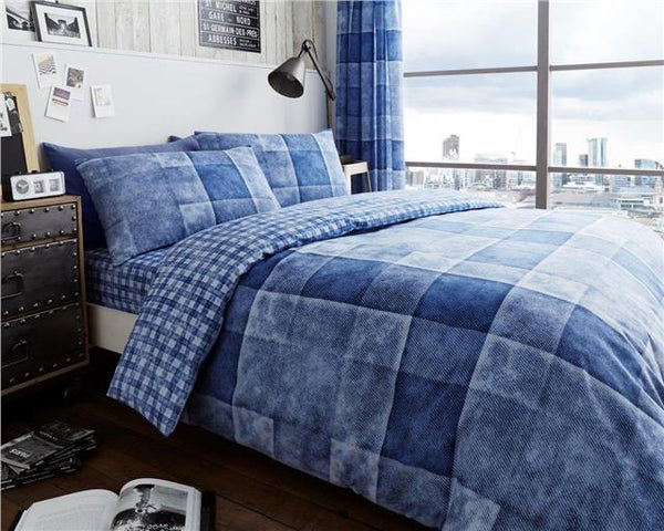 Blue denim patch print squares duvet set quilt cover & pillow cases bedding