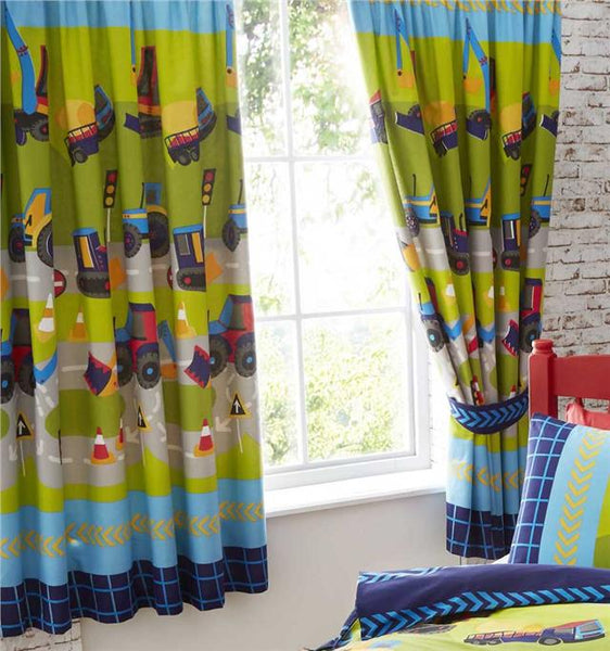 LINED CURTAINS - PAIR OF PENCIL PLEAT TAPE TOP CURTAINS Road Works Digger Trucks