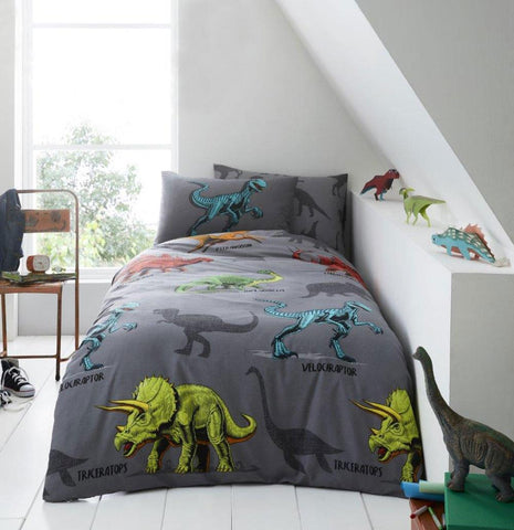 Boys dinosaur duvet set t-rex triceratops bedding grey quilt cover pillow case