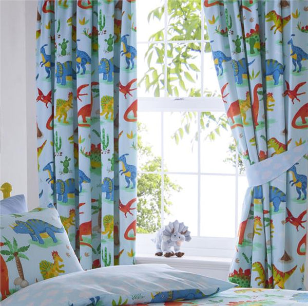 Dinosaur curtains boys blue pair of pencil pleat style bedroom curtains