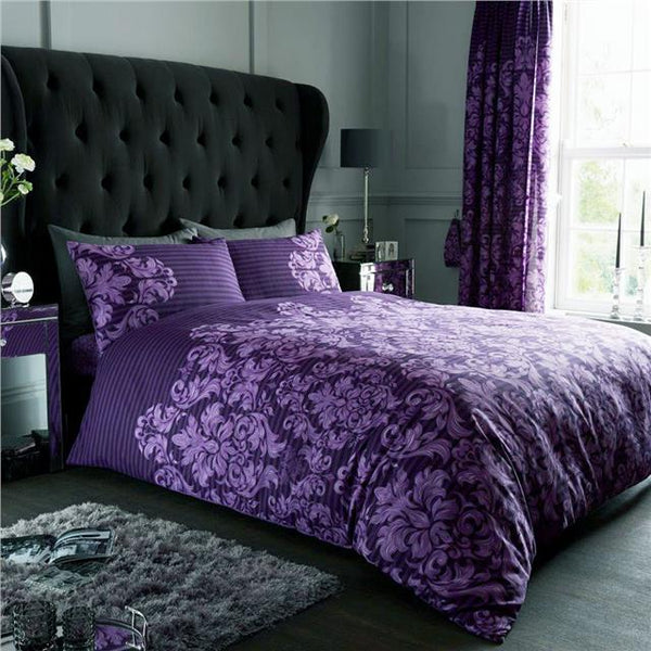Duvet set empire stripe damask print purple aubergine quilt cover pillow cases