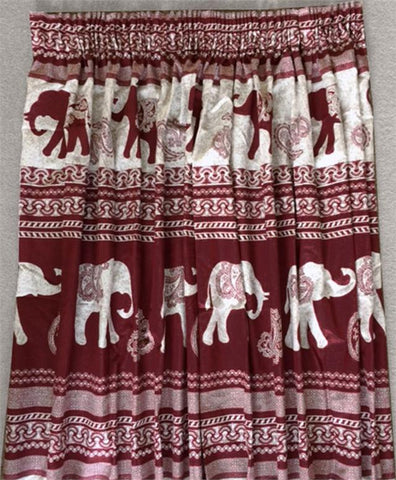 CURTAINS 66 x 72" PAIR OF PENCIL PLEAT TAPE TOP - WINE ETHNIC INDIAN ELEPHANT