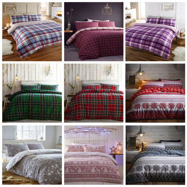 Brushed cotton duvet set check flannelette quilt cover bedding red green tartan