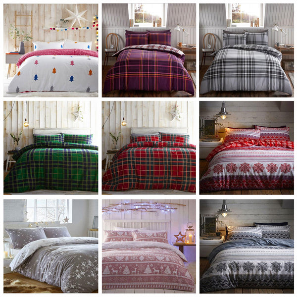 Pink bedding duvet set check cover cosy warm brushed cotton tartan flannelette