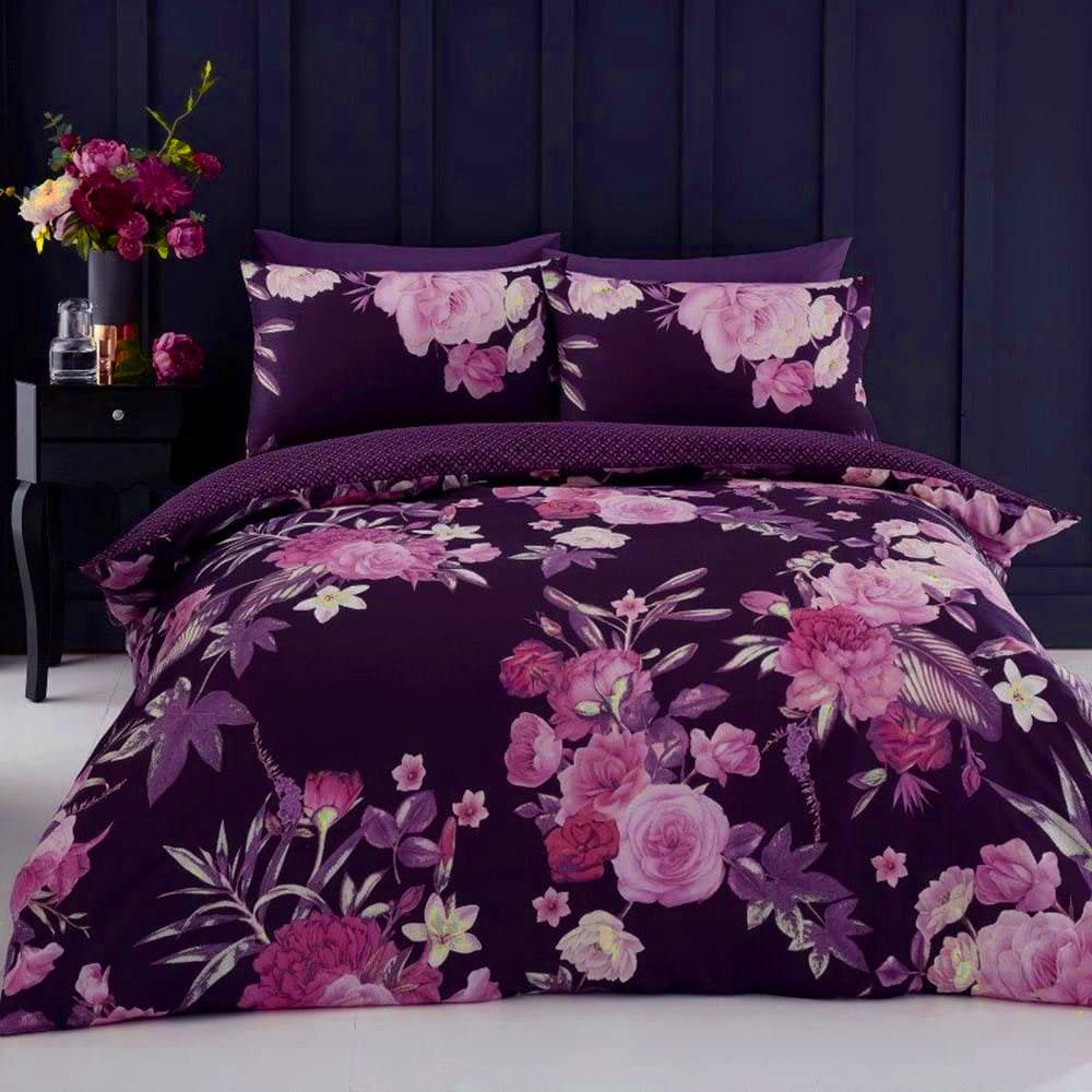 Duvet set floral bedding purple quilt cover & pillow cases pink roses flowers