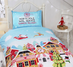 Christmas Bedding Duvet Set Childrens Xmas Eve Quilt Cover Santa Reindeer Sleigh