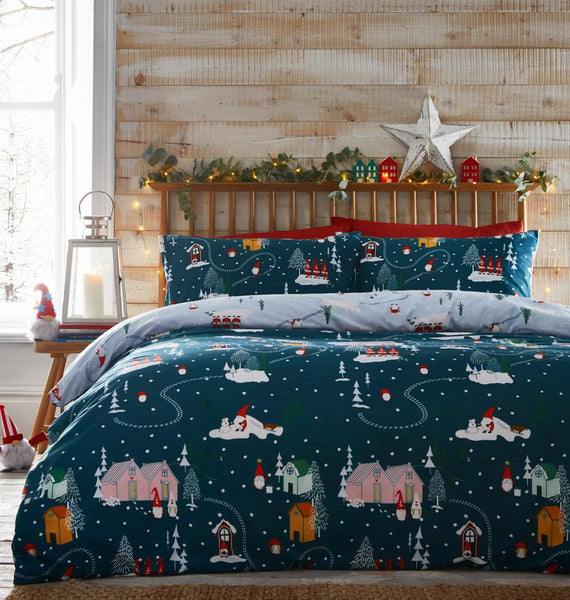 Christmas bedding duvet cover set teal reversible xmas gonk festive home