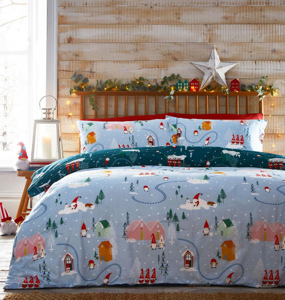 Christmas bedding duvet cover set teal reversible xmas gonk festive home