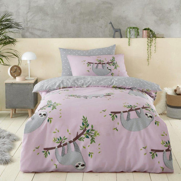 Sloth Duvet Set Girls Blush Pink Grey Quilt Cover Pillow Case Bedding