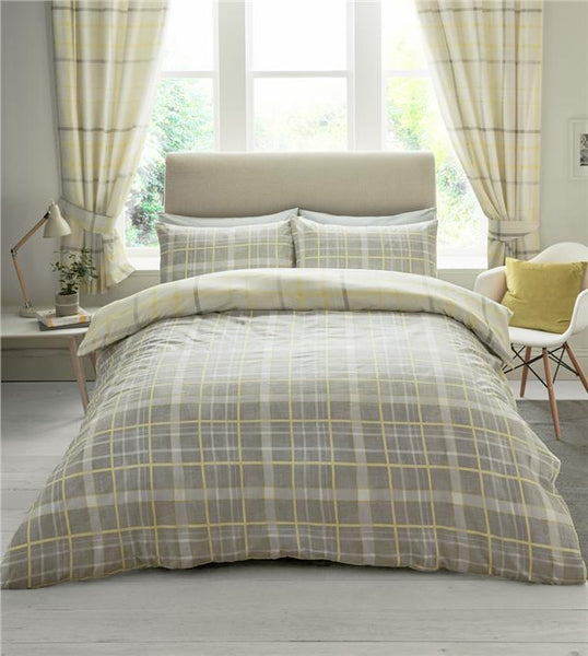 Check duvet sets grey taupe & yellow tartan quilt cover & pillow cases