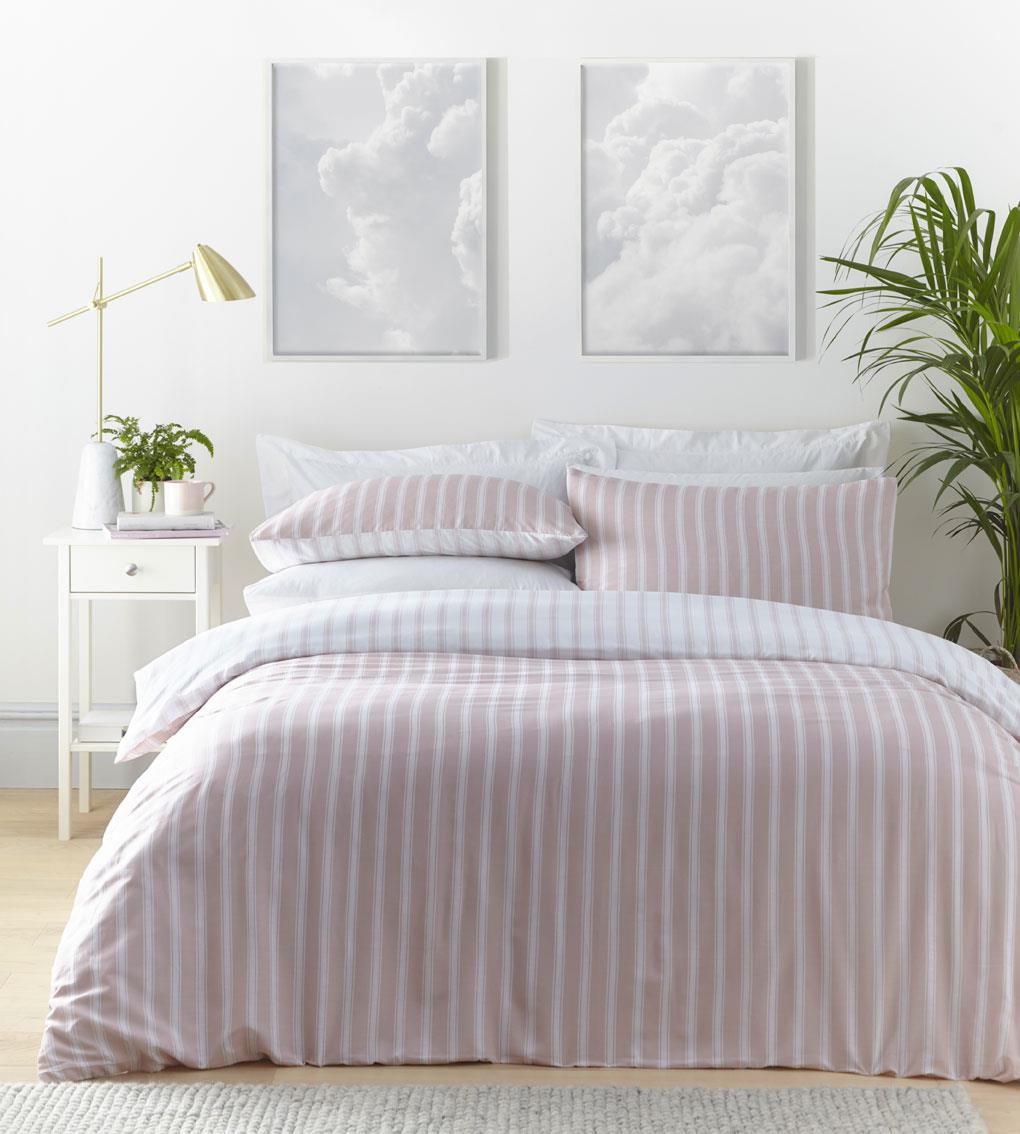 Pink stripe duvet set quilt cover pillow cases light blush white bedding
