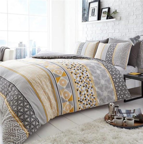 Duvet set geometric mustard ochre grey bedding quilt cover pillow cases bed set