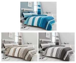Stripe duvet cover bed sets in taupe grey brown & teal blue