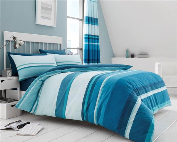 Stripe duvet cover bed sets in taupe grey brown & teal blue
