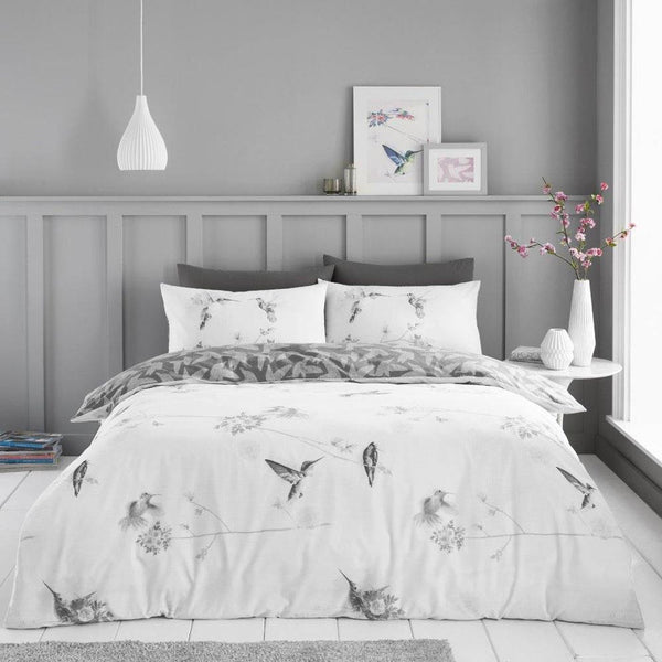Duvet set grey white bedding pretty flower humming bird quilt cover pillow cases
