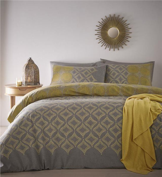 Ochre yellow & grey duvet set moroccan print reversible bedding quilt cover