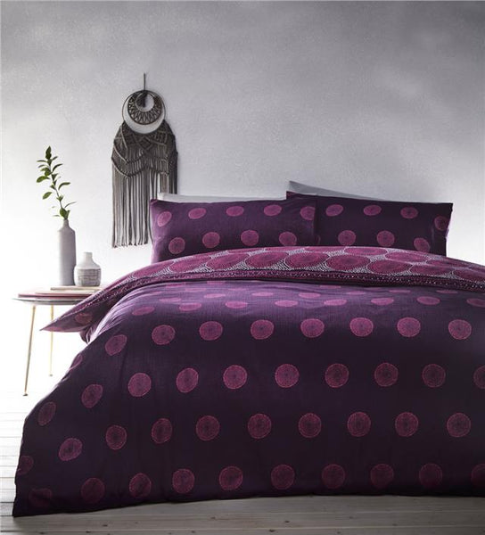 Boho duvet set aubergine plum & pink circle print quilt cover eastern bedding