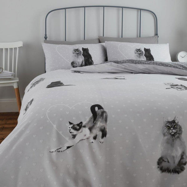 Cats Duvet Set Bedding Grey Hearts Kittens Pets Quilt Cover Pillow Cases