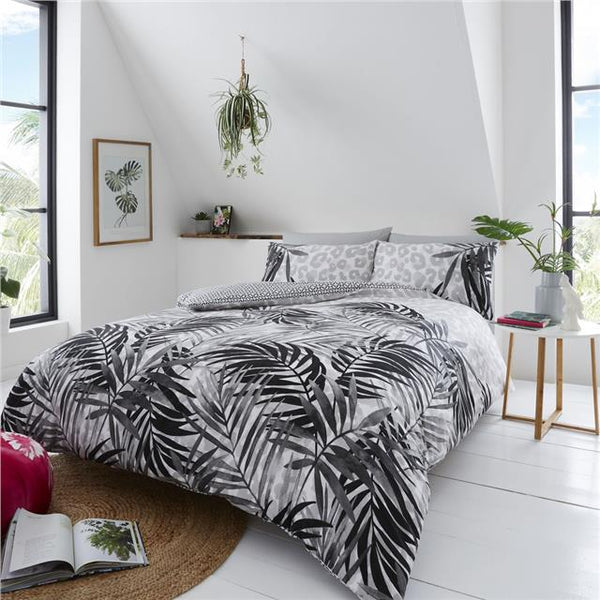 Grey duvet sets tropical palm leaf & leopard print quilt cover bedding