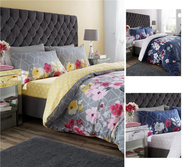 Grey & yellow duvet set flowers quilt cover & pillow cases  geometric bedding