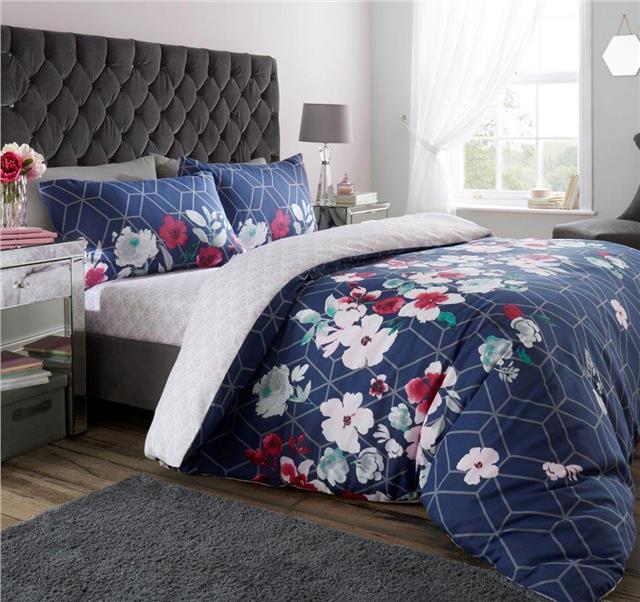 Navy blue bedding duvet set geometric floral quilt cover & pillow cases bedding