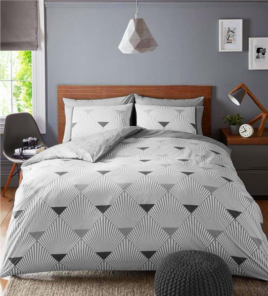 Grey & white duvet set geometric linear bedding quilt cover pillow cases bed set