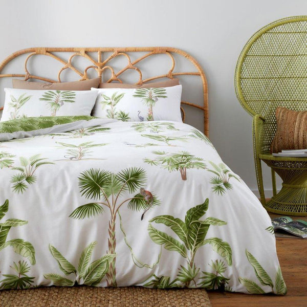 Duvet set tropical leaf palm tree monkey jungle green white quilt cover bedding